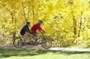 A man and a woman ride a green tandem bicycle along a paved path. The woman is in the rear seat wearing a blue and black long-sleeved jersey, and the man is in the front seat wearing a red long-sleeved jersey; both are wearing blue helmets. They are riding past a dense backdrop of trees with bright, vibrant yellow autumn leaves. Green grass is visible in the foreground. Photo courtesy of VisitGlenwood.com thumbnail image