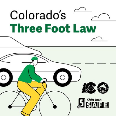 An illustration of a car driving alongside a person riding a bicycle, showing space between them. The text reads "Colorado's Three Foot Law" and displays the Colorado Department of Transportation and "Shift into SAFE" logos.