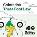 An illustration of a person riding a bicycle toward a traffic light showing red, a stop sign, and a yield sign. The text reads "Colorado's Safety Stop Law" and includes the Colorado Department of Transportation and "Shift into SAFE" logos. thumbnail image