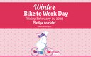 Winter Bike to Work Day Graphic. The image features a polar bear in a pink and blue scarf riding a bicycle with heart-shaped wheel hubs, accompanied by a white bird and a white fox, both wearing pink scarves, in front of a pink polka dot background. At the top of the image, a pink banner with white text says "Winter Bike to Work Day Friday, February 14, 2025 Pledge to ride! BiketoWorkDay.co" thumbnail image