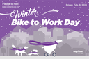 This is a promotional image for Winter Bike to Work Day 2024. It shows a group of white animals - a bear, a rabbit, a fox, and a bird - all wearing purple scarves, in front of a grey cityscape with grey mountains in the background, against a purple sky full of white snow. The bear is riding a very tiny bicycle. The image reads "Pledge to ride! BikeToWorkDay.co" in the top left corner, and "Friday, Feb. 9, 2024" in the top right corner. Across the center of the image, it reads "Winter Bike to Work Day". In the bottom right corner is a logo for waytogo, a program of DRCOG. thumbnail image