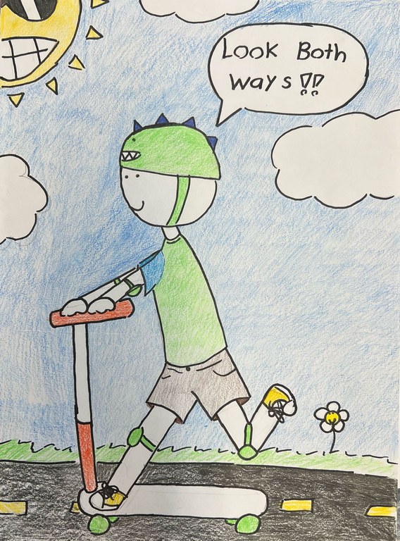 First place entry, Colorado Safe Routes to School Student Art Contest A sutdent wearing a bike helmet rides a scooter on a sunny day, saying "Look both ways" when crossing a street.