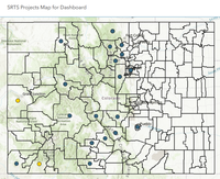 A map of Colorado showing county and region boundaries marked with colored dots indicating Safe Routes to School project locations across the state. The header above the map reads "SRTS Projects Map for Dashboard."
