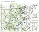 A map of Colorado showing county and region boundaries marked with colored dots indicating Safe Routes to School project locations across the state. The header above the map reads "SRTS Projects Map for Dashboard." thumbnail image