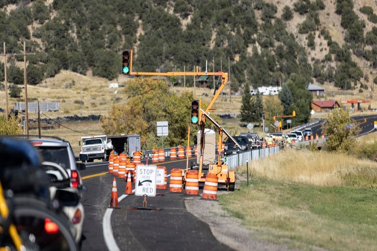 Canyon Traffic Holds Temporary traffic signals direct cars through a construction project.