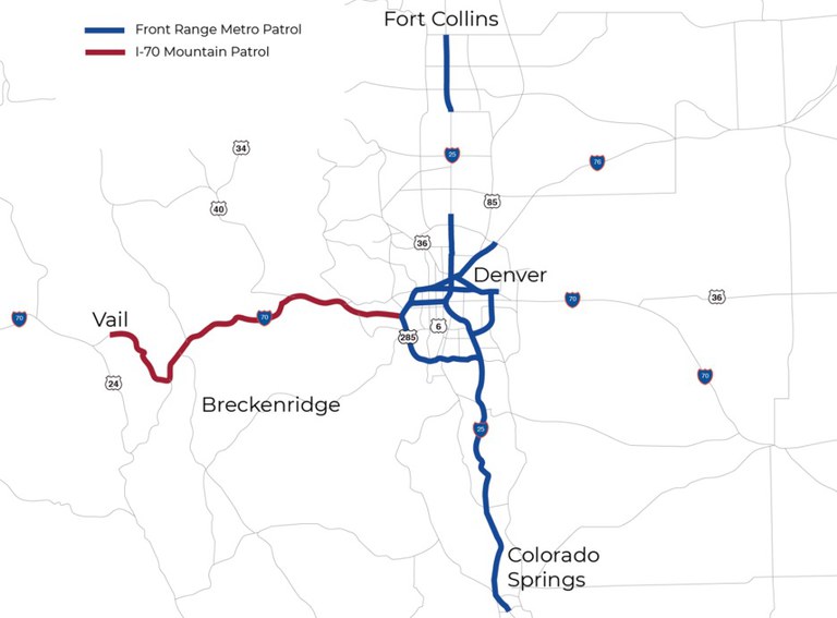 Safety Patrol Area Map CDOT Safety Patrol Map on I-25 from Fort Collins to Colorado Springs, in the Denver Metro area, and on I-70 from US 285 to Vail.