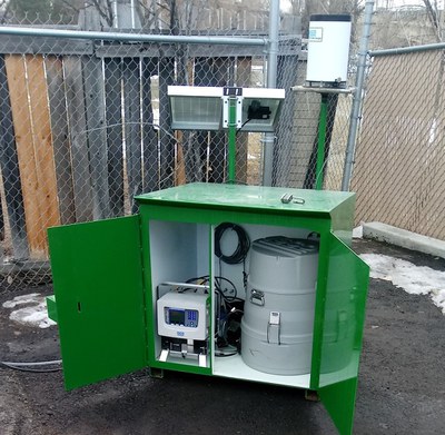 Wet Weathering Monitoring Station Sampling equipment located within a CDOT Maintenance Facility stored in a green security box.