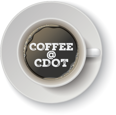 Image for Coffee at CDOT A full coffee mug from above with the words "Coffee @ CDOT" typed in the coffee.