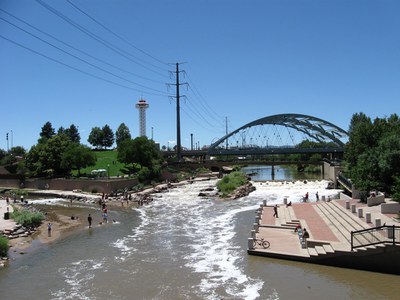 Confluence Park The South Platte River flowing through Confluence Park in Denver with the Speer Boulevard bridge in the background.
