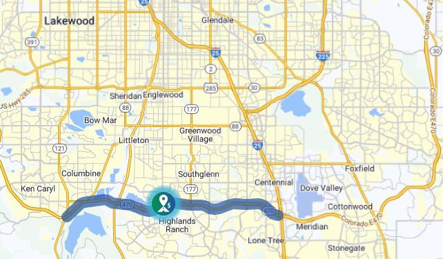Map of C-470, highlighting the route section from I-25 to Wadsworth Boulevard