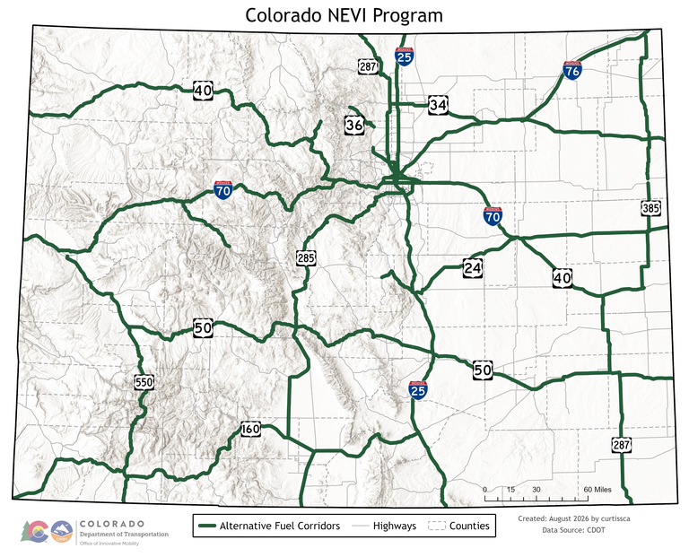 Map of the Federally Designated Alternative Fuel Corridors in Colorado.
