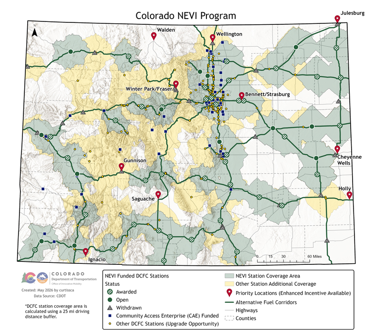 NEVI Program Map This map shows the current coverage of NEVI funded stations on Colorado's Alternative Fuel Corridors. It shows with awarded, open, and withdrawn sites from previous rounds, as well as the Spring 2026 Priority locations of Bennett/Strasburg, Cheyenne Wells, Fraser/Winter Park, Gunnison, Holly, Ignacio/Southern Ute Reservation, Julesburg, Saguache, Walden, Wellington.