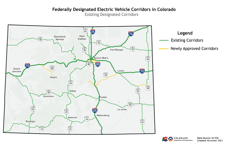 Map of the Federally Designated Alternative Fuel Corridors in Colorado. Updated 11/27/2023. 