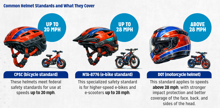 Types of helmets and what speed they are safe at: CPSC standard bicycle helmet is safe up to 20 MPH, NTA- 8776 (E-bike standard helmet) is safe up to 28mph, and the DOT (motorcycle helmet) applies to speeds 28mph and up