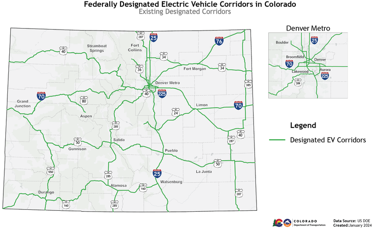 Map of the Federally Designated Alternative Fuel Corridors in Colorado. Updated January 2024
