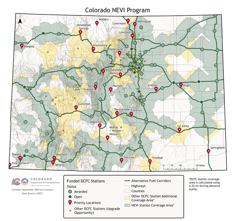This map shows the current coverage of NEVI funded stations on Colorado's Alternative Fuel Corridors. 