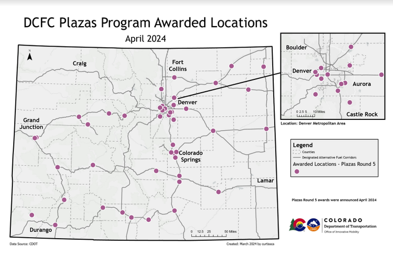 This is a map of Colorado with dots for the awarded locations of Round 5 of the DCFC Plazas Program