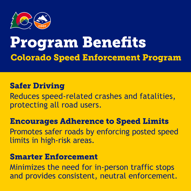 Colorado Speed Enforcement program benefits infographic. Refer to the caption for specifics.