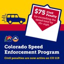 Colorado Speed Enforcement Program graphic featuring a moving vehicle and an open envelope. A red letter inside reads, "$75 Civil Penalty for exceeding the speed limit by 10+ mph." Text overlay at the bottom reads, "Civil penalties are now active on CO 119." thumbnail image