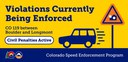 Graphic showing a car speeding in work zones with a sign indicating the presence of speed cameras as part of the Colorado Speed Enforcement Program. Text overlay reads, “Violations Currently Being Enforced. CO 119 between Boulder and Longmont. Civil Penalties Active. thumbnail image