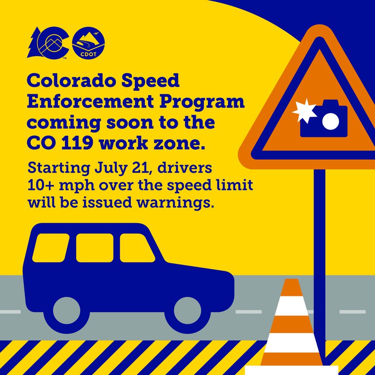 Colorado Speed Enforcement Program coming soon to CO 119 work zone graphic. Colorado Speed Enforcement Program coming soon to CO 119 work zone graphic. Staring July 21, drivers 10+ mph over the speed limit will be issued warnings.