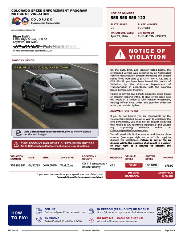 An example Notice of Violation issued by the Colorado Department of Transportation’s Colorado Speed Enforcement Program.