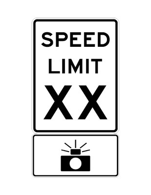 Speed Limit Sign Example Example of signage used in a speed enforcement corridor. Below a typical speed limit sign with the variable speed “XX,” there is a rectangular sign with a camera icon, indicating the presence of traffic or speed enforcement cameras.