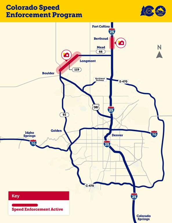 Active Enforcement Map. The work zones of CO 119 and I-25 North are highlighted in red, indicating that automated speed enforcement is active in the corridor.