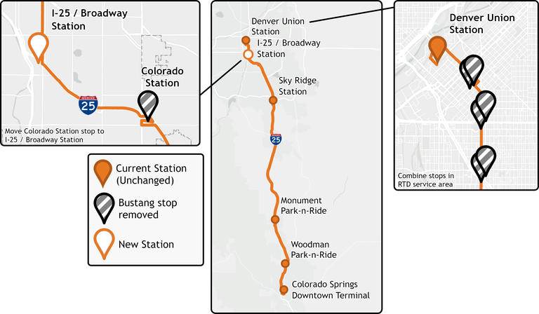 Collection of maps illustrating the proposed changes to the Bustang South line as of August 2026. Changes are also described in the text.
