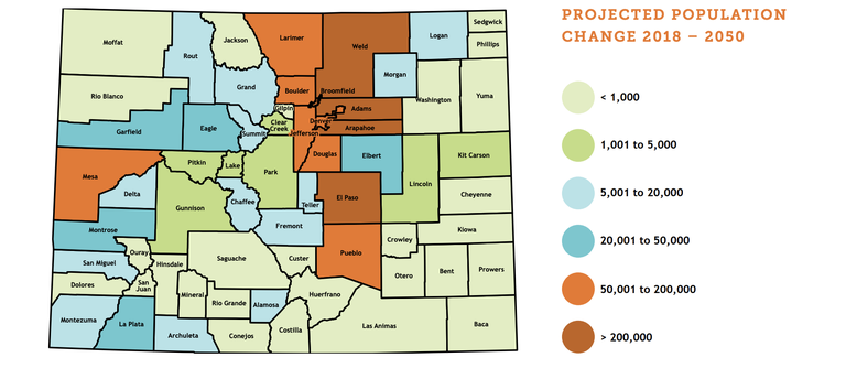 Projected Colorado Population Change 2018-2050 Map