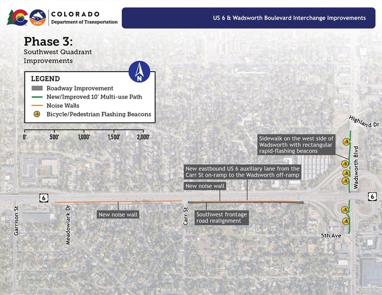 A map showing roadway, bicycle, pedestrian, transit and noise mitigation improvements included in Phase 3 of the US 6 & Wadsworth Boulevard Interchange Improvements project, focused on adding new noise walls on the south side of US 6 between Meadowlark Drive and the US 6/Wadsworth Boulevard interchange, and improving the sidewalk on the west side of Wadsworth Boulevard from Highland Drive to 4th Avenue.