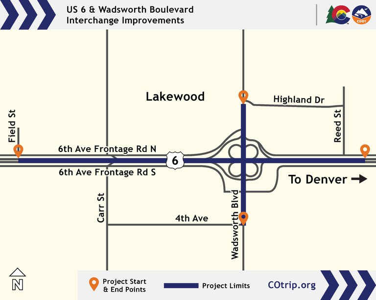 Map of US 6 and Wadsworth Boulevard interchange project limits