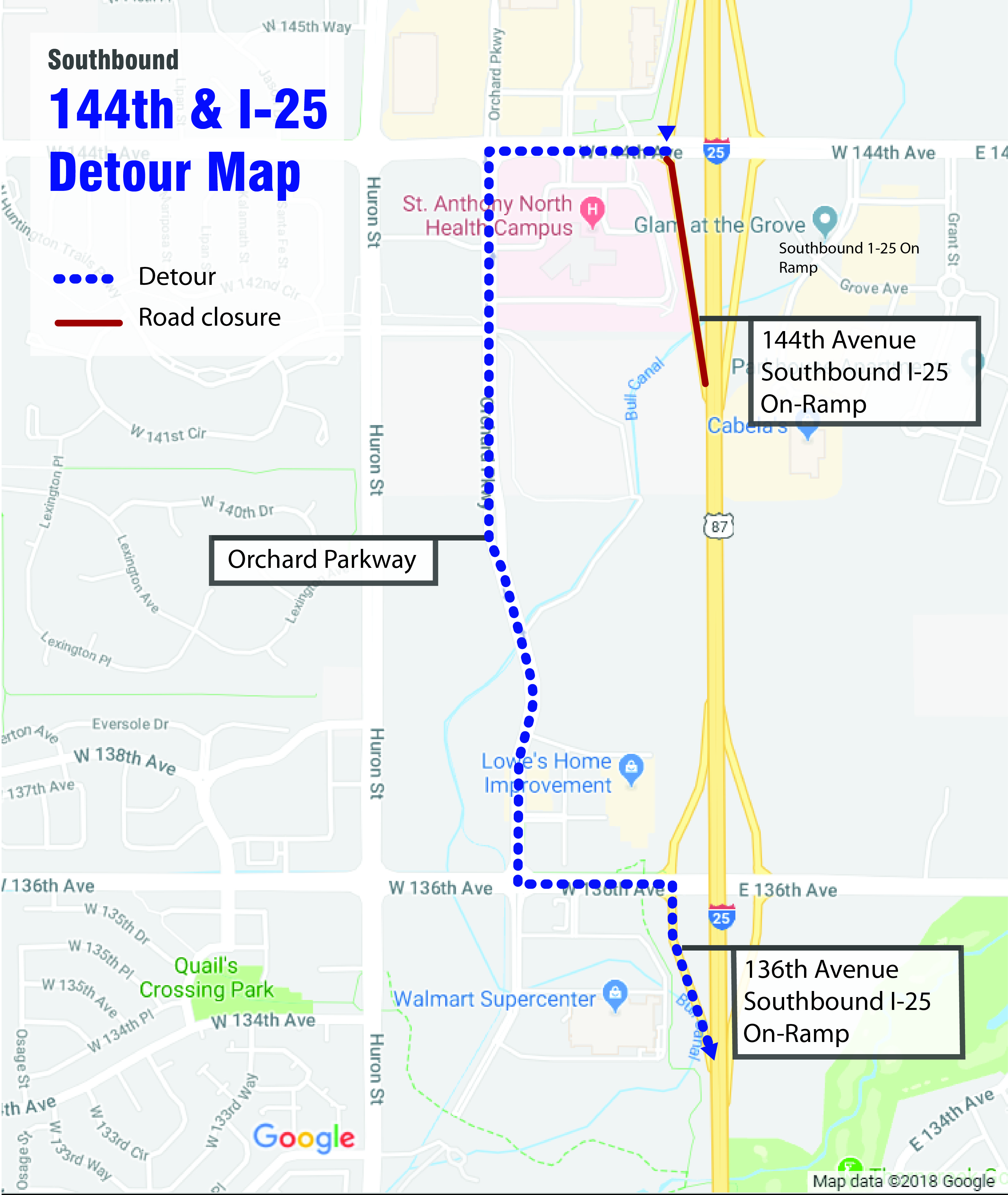 144th & I-25 Detour Map detail image