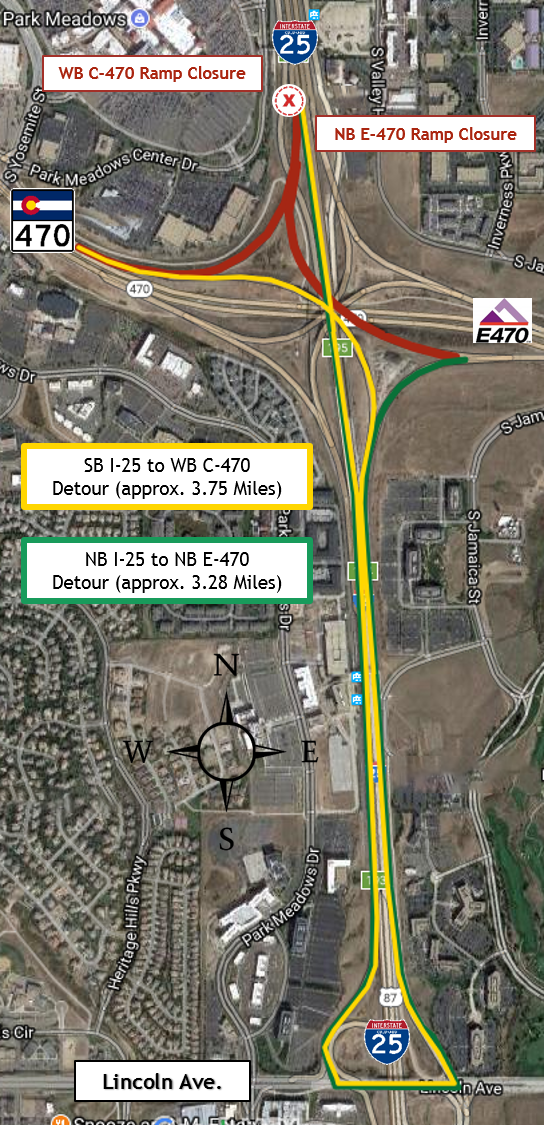 Southbound I-25 Ramp to WB C-470 and NB E-470 Detour detail image