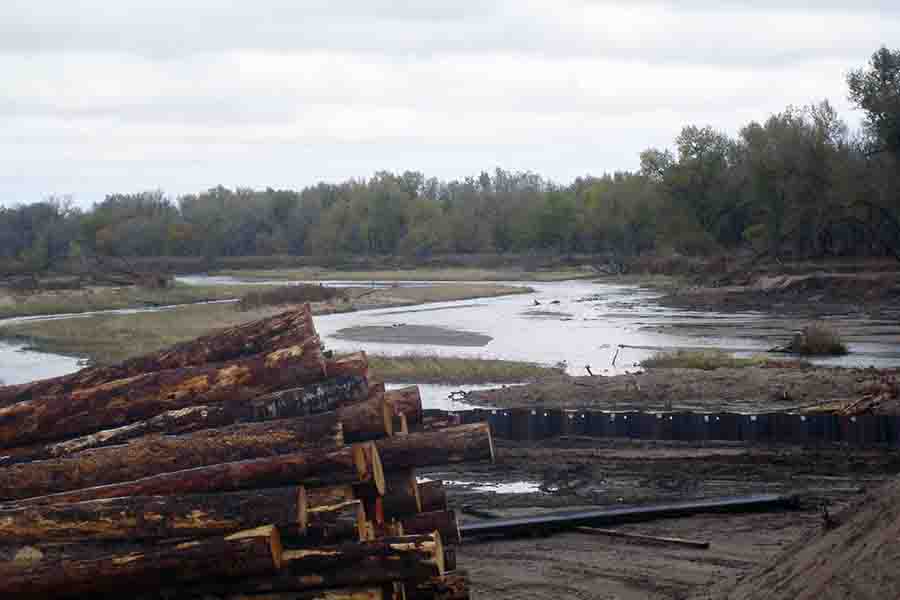 Timber piles behind south wall overlooking South Platte River detail image