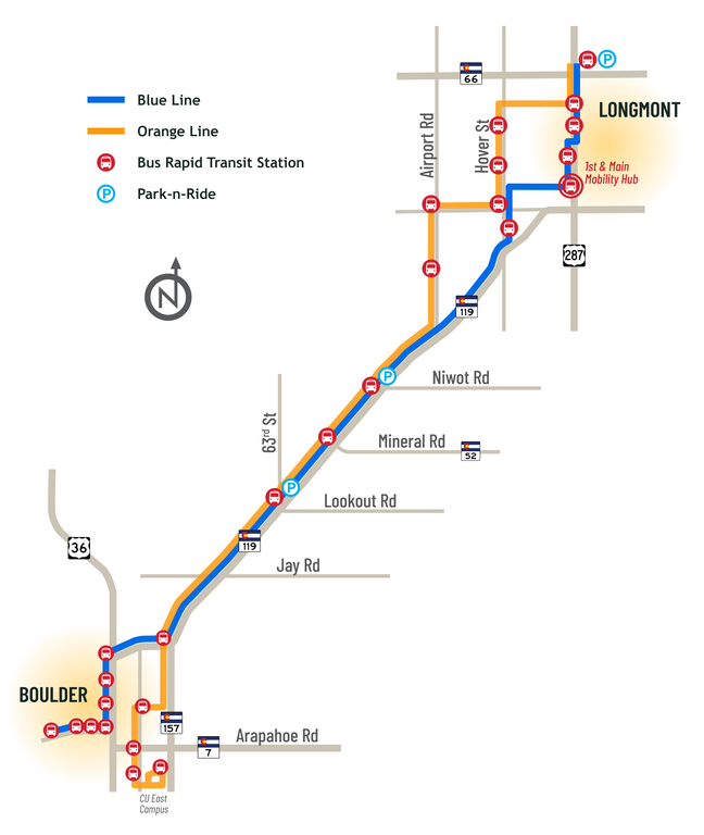 Map with new CO 119 BRT transit routes from Boulder to Longmont.