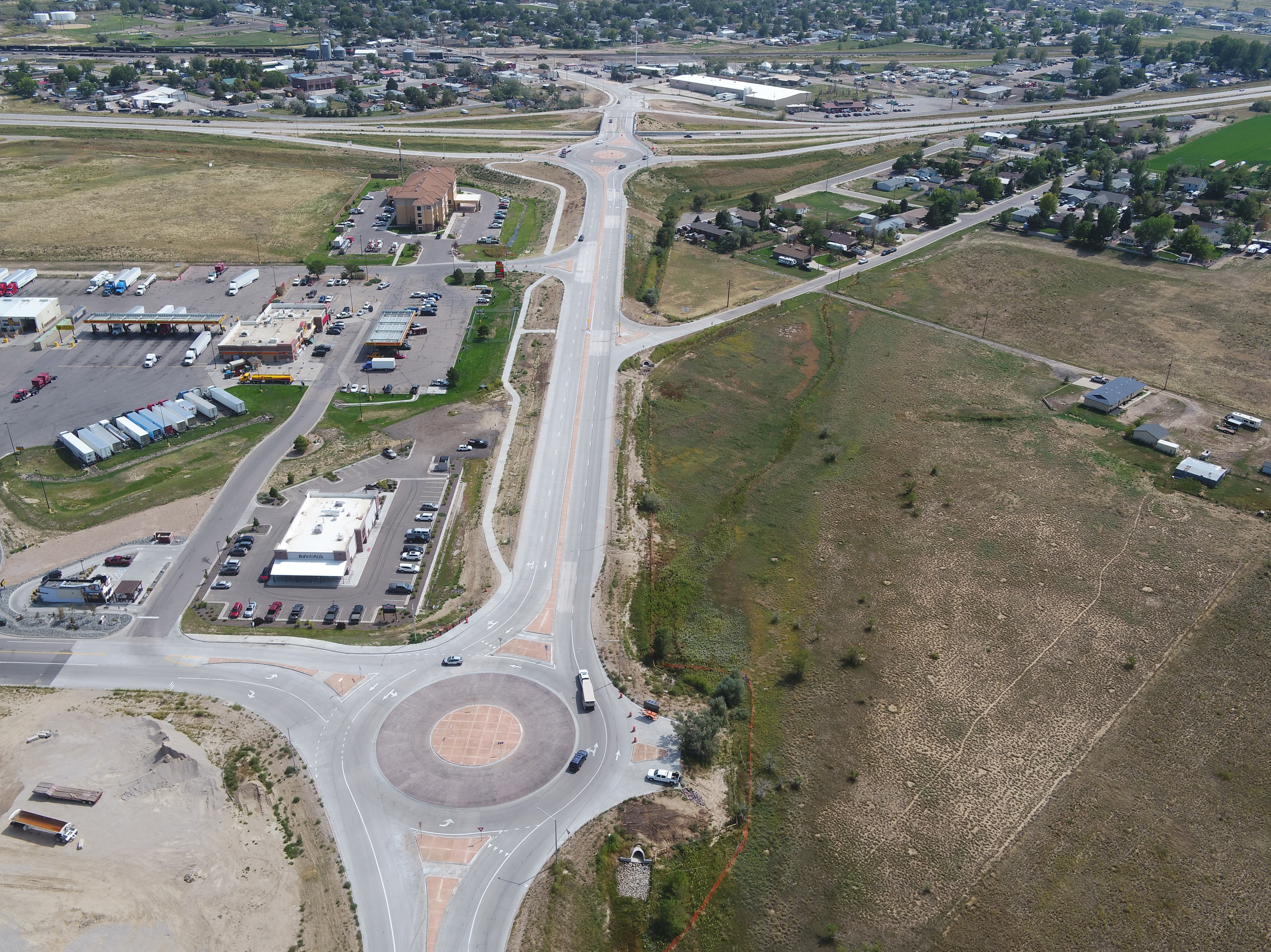 September 2021-Drone aerial of the CO 52 completed roundabouts. Photo provided by CDOT. detail image