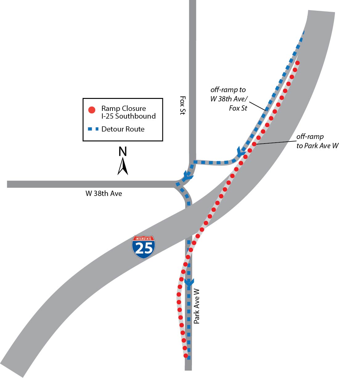 Combined Detour Map I-25 Northbound to Park Avenue.jpg detail image