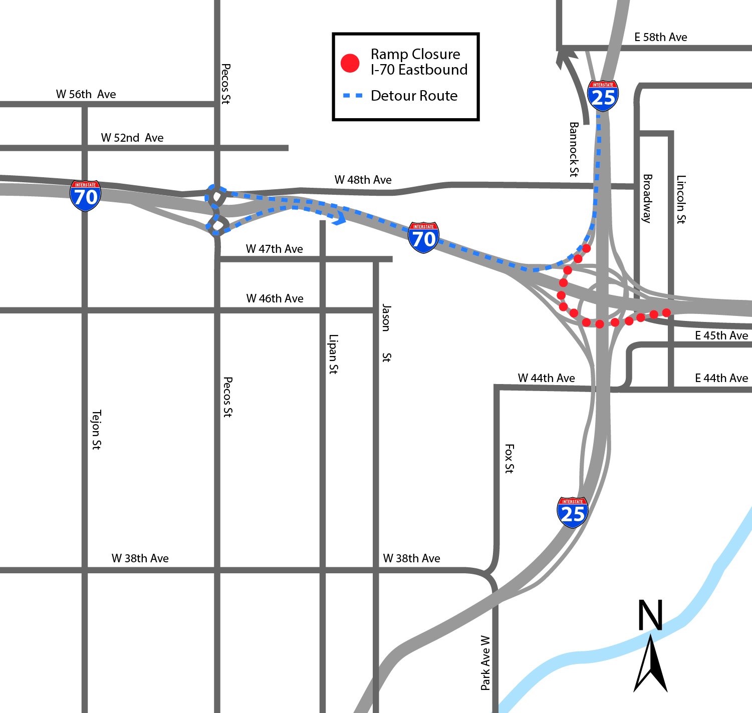 Detour Map: Ramp Closure Eastbound I-70 detail image