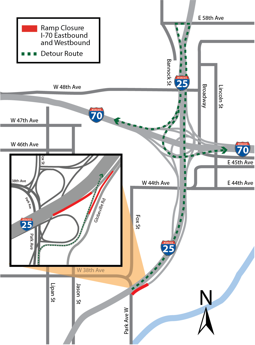 I-25 Northbound and Park Avenue Combined Detour Map May 20 detail image