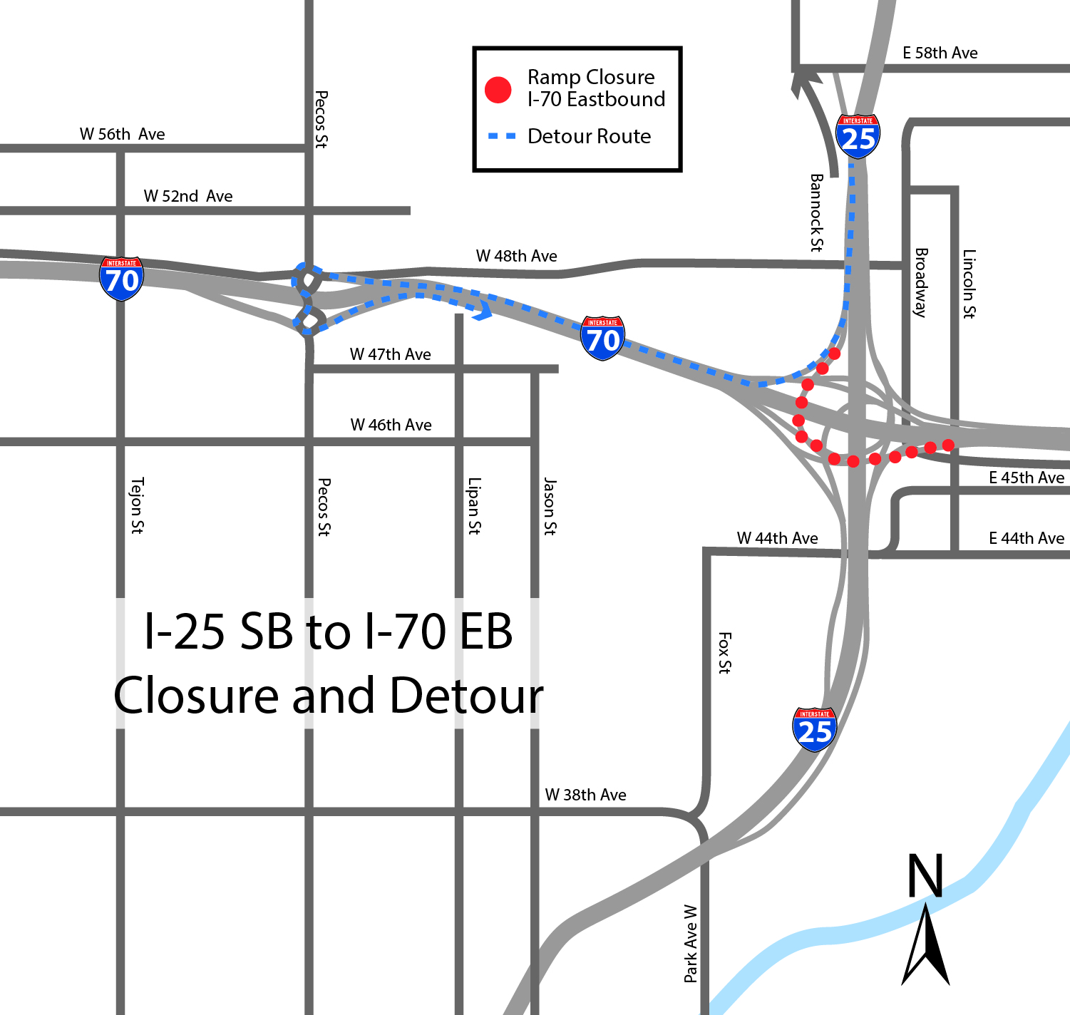 Southbound I-25 to Eastbound I-70 Pecos Detour detail image