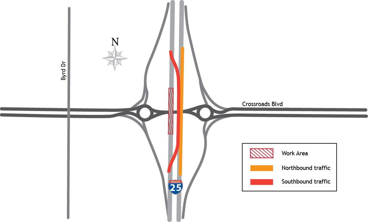 I-25 at Crossroads lane shift: Southbound bridgework detail image
