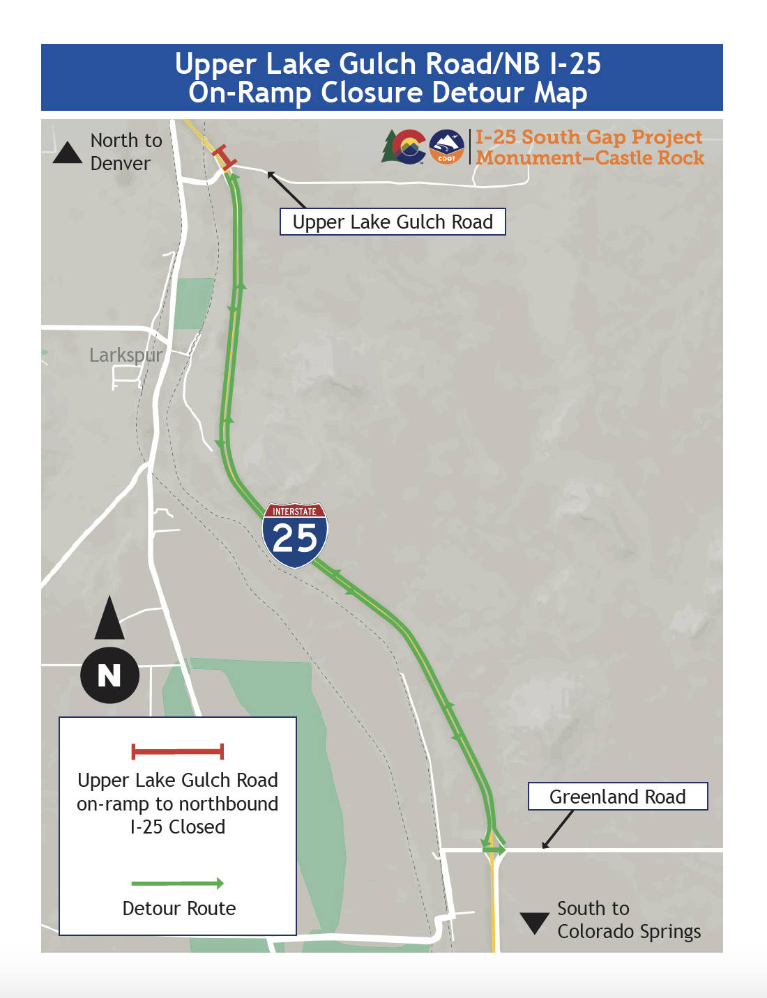 Upper Lake Gulch Road On-Ramp to Northbound I-25 closure map detail image