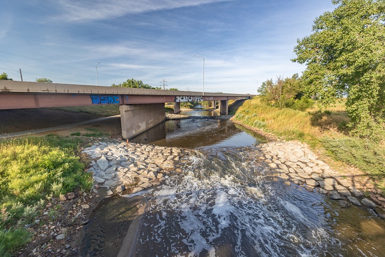 Wide view finished scour mitigation I-76 over Clear Creek. Photo John Klippel.jpg detail image