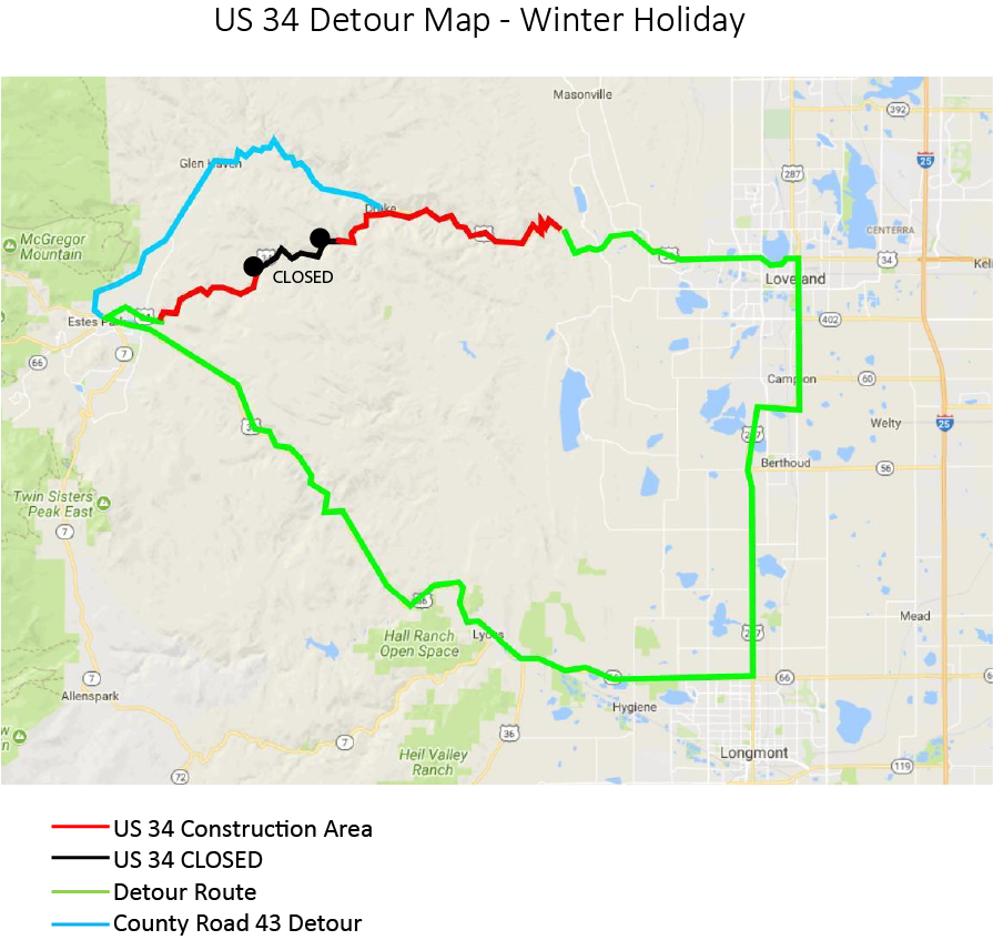US 34 Detour Map - Winter Holiday detail image