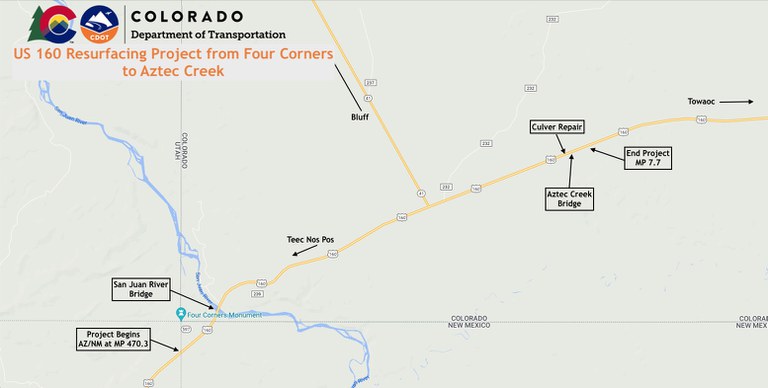 US 160 Resurfacing from Four Corners to Aztec Creek project map