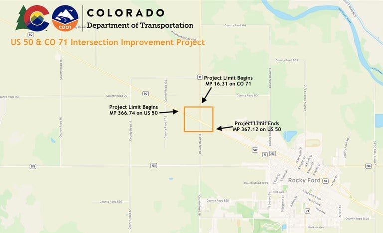 This map shows the location of the US 50 & CO 71 construction zones for the roadway improvements in Rocky Ford.