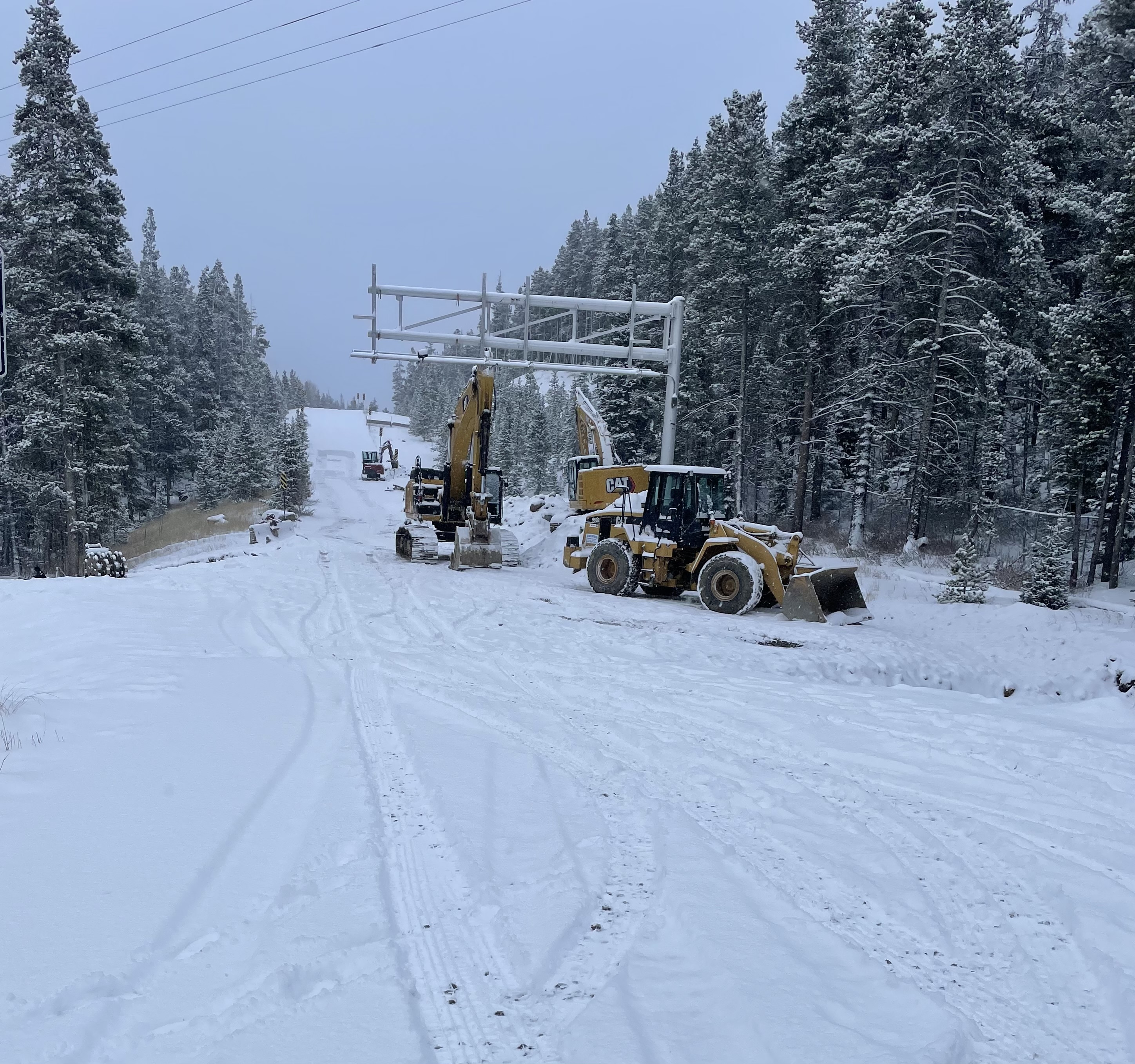 November 3 snow storm delayed  the runaway truck ramp operations on the eastside of Monarch Pass. Heavy equipment used for repairing the truck ramp made tracks through the fresh snow.jpg detail image