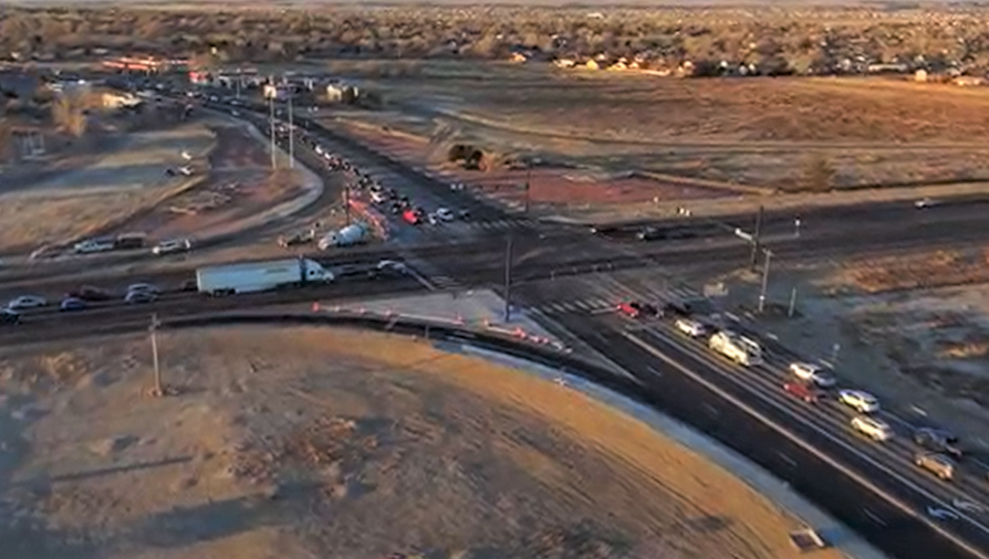 The merge lane and pedestrian islands take shape at US 50 and McCulloch Boulevard in February 2022 (CDOT photo) detail image