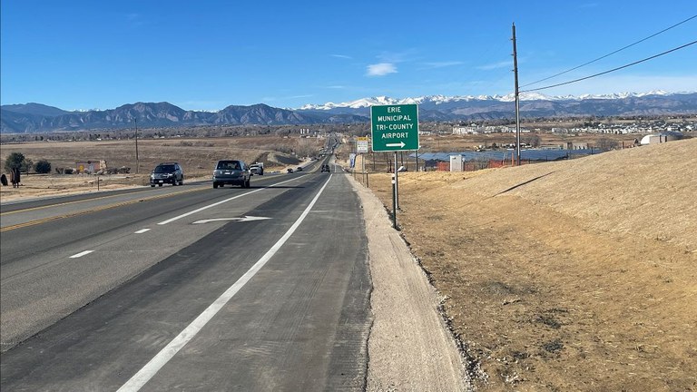 Photo of the updated lanes and widened shoulders on CO 7 near Airport Drive